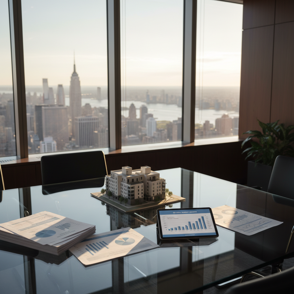A polished glass conference table in a high-rise office overlooking the New York City skyline, with floor-to-ceiling windows framing distant New Jersey towers and a faint outline of Connecticut across the water. On the table sit printed financial reports, a tablet displaying a bar graph, and a small model of a mid-rise building, emphasizing local business and real estate news. Late afternoon natural light streams in, creating subtle reflections on the glass surface and crisp shadows on neatly arranged documents. Captured at eye level with photographic realism and a slight depth of field, the scene conveys a professional, analytical atmosphere.