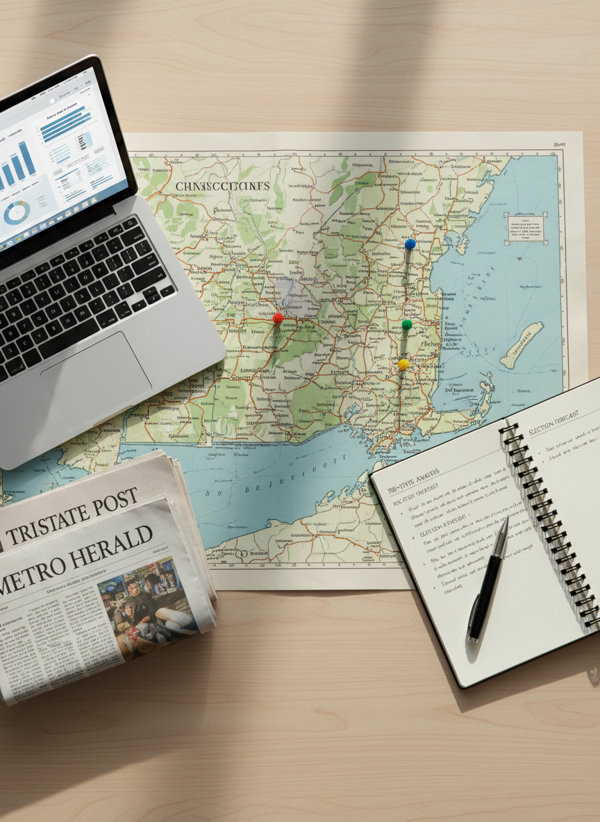A clean, modern flat-lay of a wooden newsroom desk displaying a detailed printed map of New York, New Jersey, and Connecticut, marked with small colored pins on key cities. Surrounding the map are a sleek silver laptop showing charts, a stack of folded local newspapers, a spiral notebook with neatly written headlines, and a black metal pen. Soft, diffused daylight from an unseen window casts gentle, natural shadows, creating a calm yet industrious mood. Shot from a perfectly overhead, photographic angle with sharp focus, the composition feels organized, professional, and ideal for an article about Tri-State coverage and analysis.